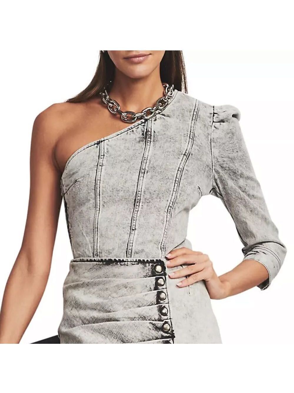 NEW Retrofete Moira One Shoulder Denim Top Light Acid Grey XXS
